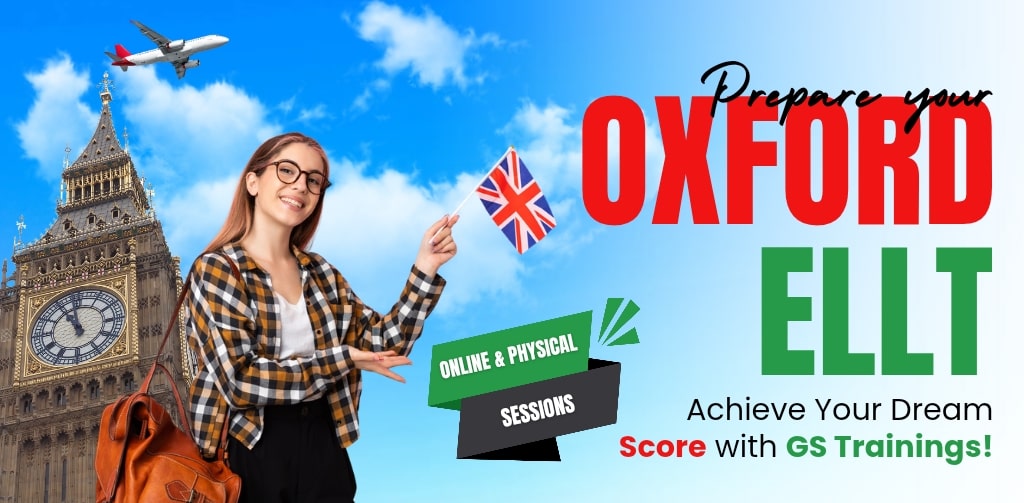 Smiling young woman holding a Union Jack flag in front of Big Ben with an airplane overhead, promoting Oxford ELLT preparation via online & in-person sessions.